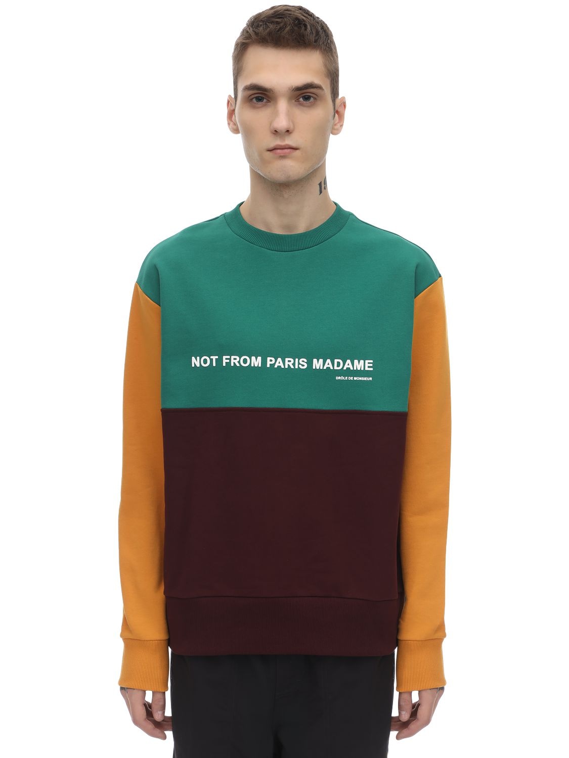 Paneled Color Block Slogan Sweatshirt - DROLE DE MONSIEUR - Modalova